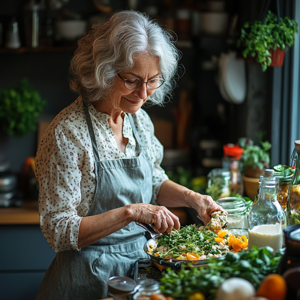 Старша пара готує здорову їжу разом