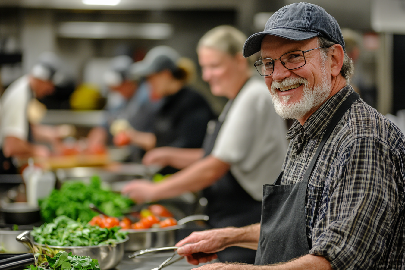 Група старших людей готує здорову їжу